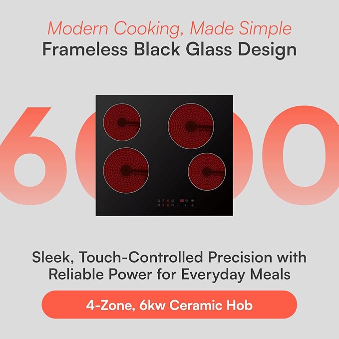 60cm 4 Zone Ceramic Hob – 6000W Touch Control - Supply & Install